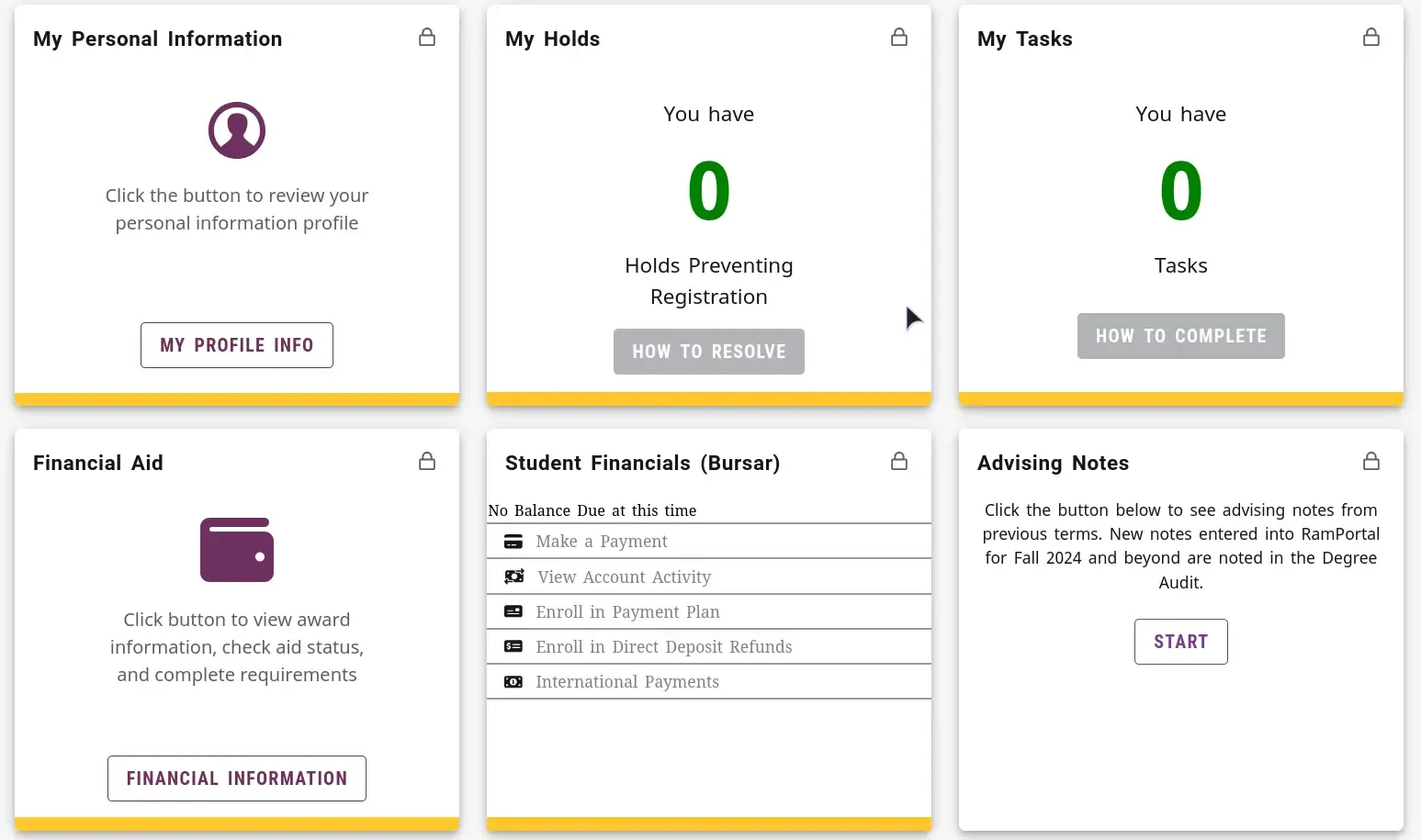 RamPortal displaying cards for different tasks