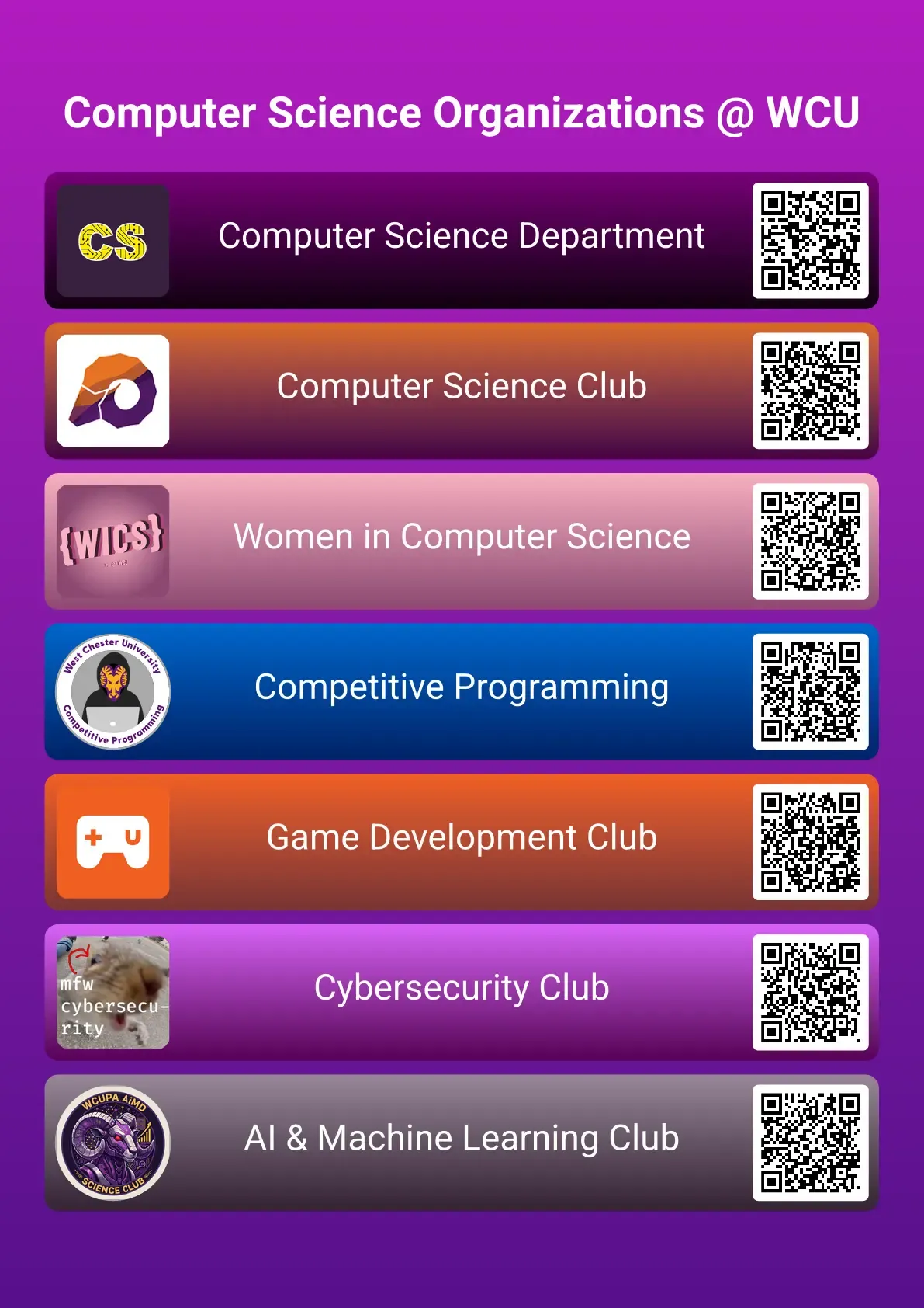 A purple flyer listing computer science clubs at my university and QR codes to join them